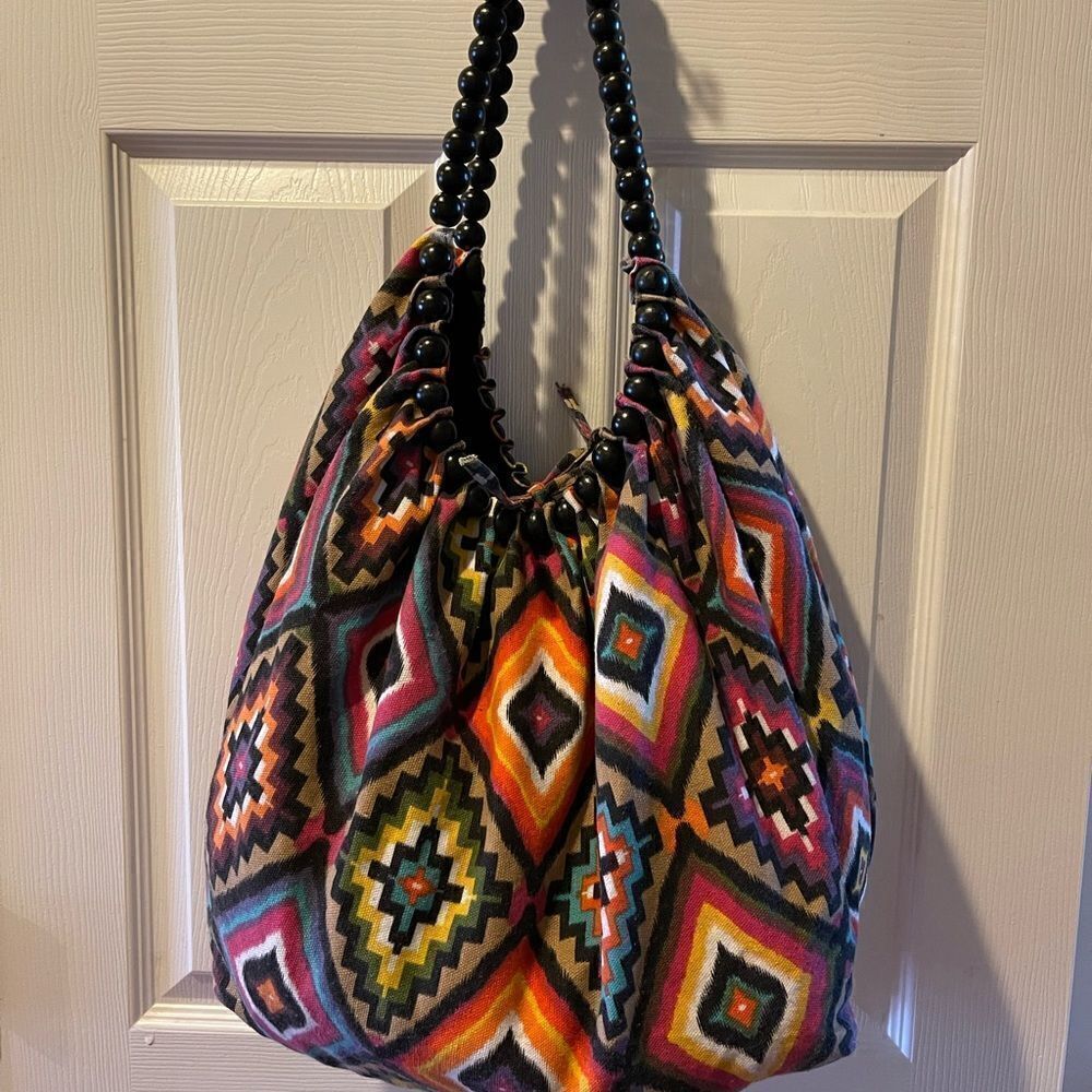 Amica Accessories canvas tote vibrant ethnic colors black wooden beads straps